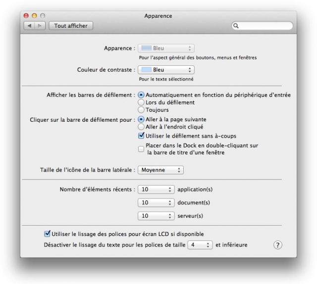 Mac OS 10.7 Options d'Apparence