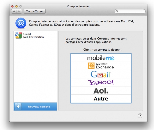 Centralisation des comptes Internet dans Mac OS X Lion