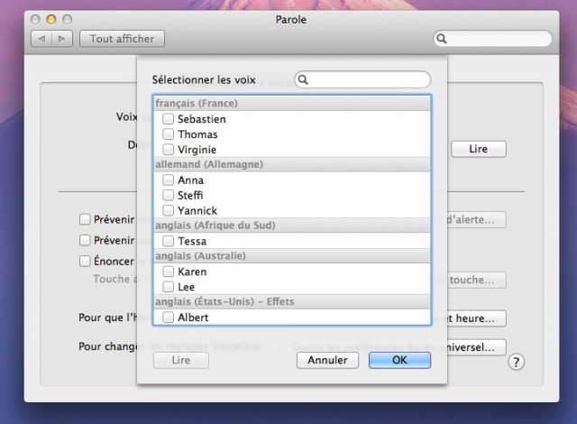 Nouvelles voix dans Mac OS X Lion - Sébastien, Thomas, Virginie