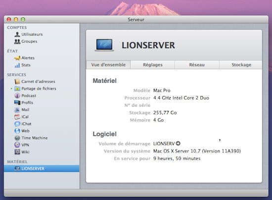 Service, comptes, et état dans Mac OS X Lion