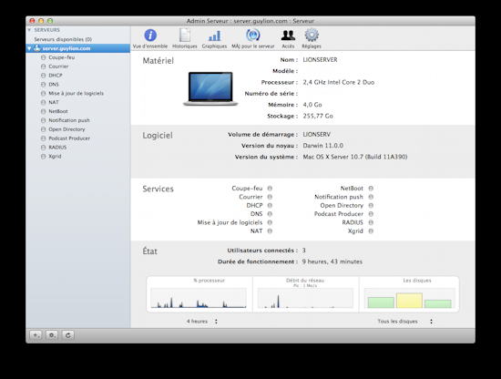 Fenêtre d'admin serveur sur Mac OS X Lion